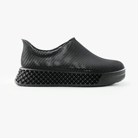 3D printed slip-on sneakers, dark black knit upper with textured side panel