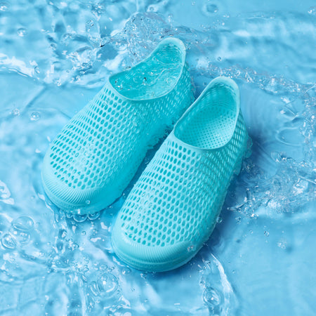 Light blue kids 3D printed slip-on shoes with open mesh upper and cushioned sole
