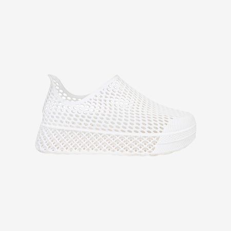 White kids 3D printed slip-on shoe with textured mesh upper and low sole